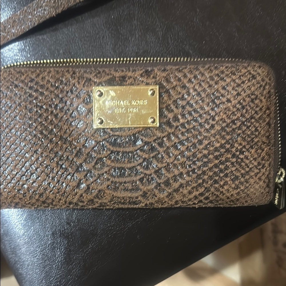 Michael Kors Brown and Gold Clutch with Textured Leather and Zip Closure